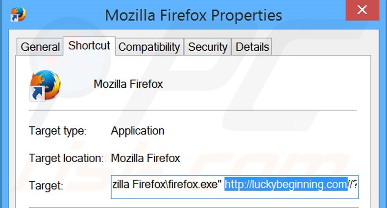 Suppression du raccourci cible de luckybeginning.com dans Mozilla Firefox étape 2