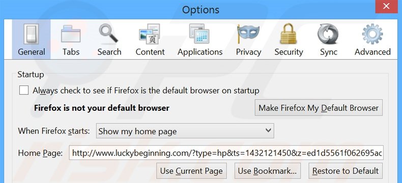 Suppression de la page d'accueil de luckybeginning.com dans Mozilla Firefox 