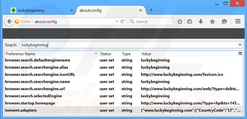Suppression du moteur de recherche par défaut de luckybeginning.com dans Mozilla Firefox 