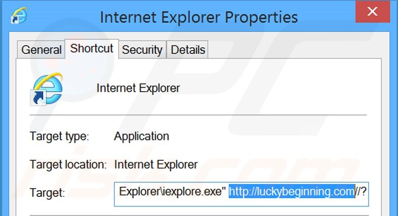 Suppression du raccourci cible de luckybeginning.com dans Internet Explorer étape 2