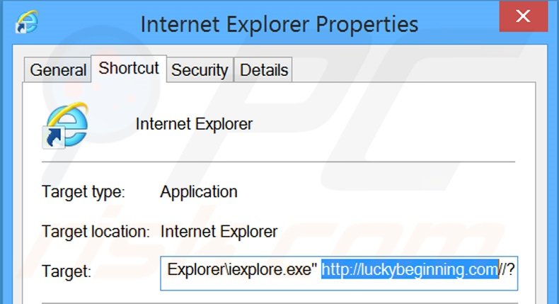 Suppression du raccourci cible de luckybeginning.com dans Internet Explorer étape 2