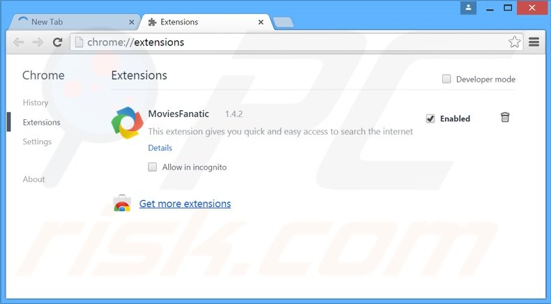 Suppression des extensions reliées à moviesfanatic.com dans Google Chrome 