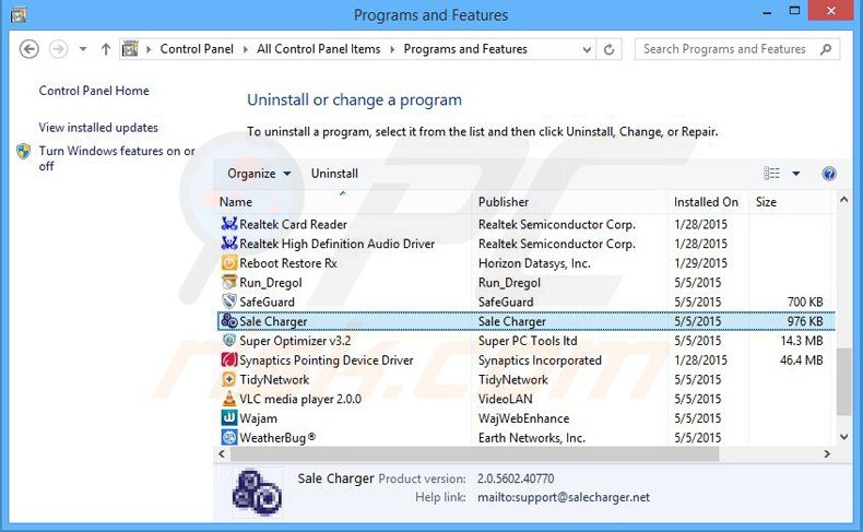 Désinstallation du logiciel de publicité sale charger via le Panneau de Configuration