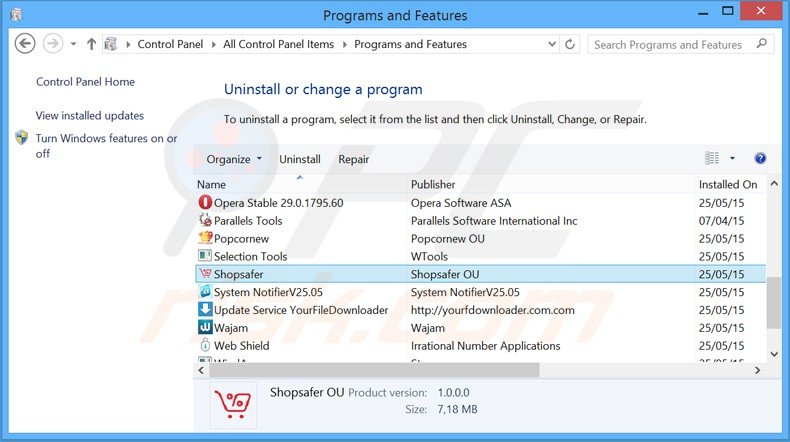 Désinstallation du logiciel de publicité Shopsafer via le Panneau de Configuration