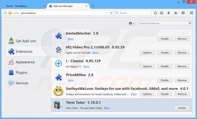 Suppression des publicités TermBlazer dans Mozilla Firefox étape 2