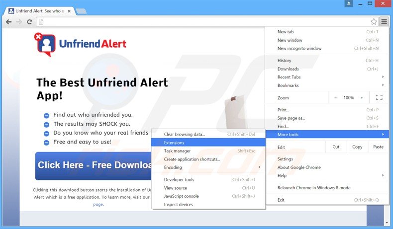 Suppression des publicités Unfriend Alert dans Google Chrome étape 1