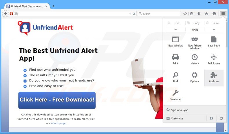 Suppression des publicités Unfriend Alert dans Mozilla Firefox étape 1