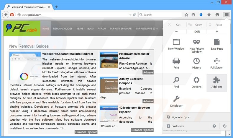 Suppression des publicités Windesk Winsearch dans Mozilla Firefox étape 1