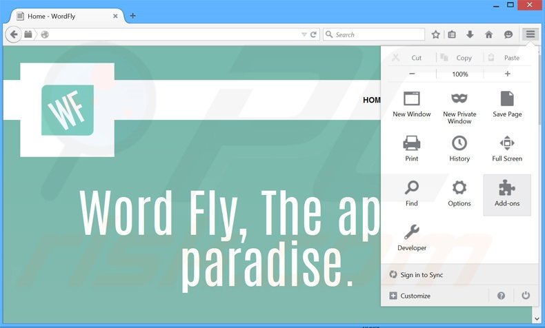 Suppression des publicités WordFly dans Mozilla Firefox étape 1