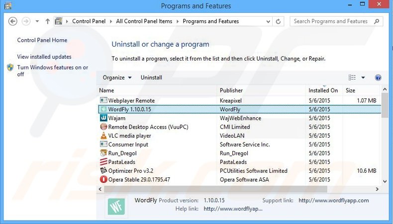 Désinstallation du logiciel de publicité WordFly via le Panneau de Configuration