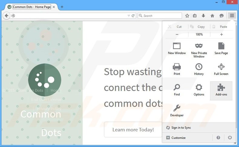 Suppression des publicités Common Dots dans Mozilla Firefox étape 1