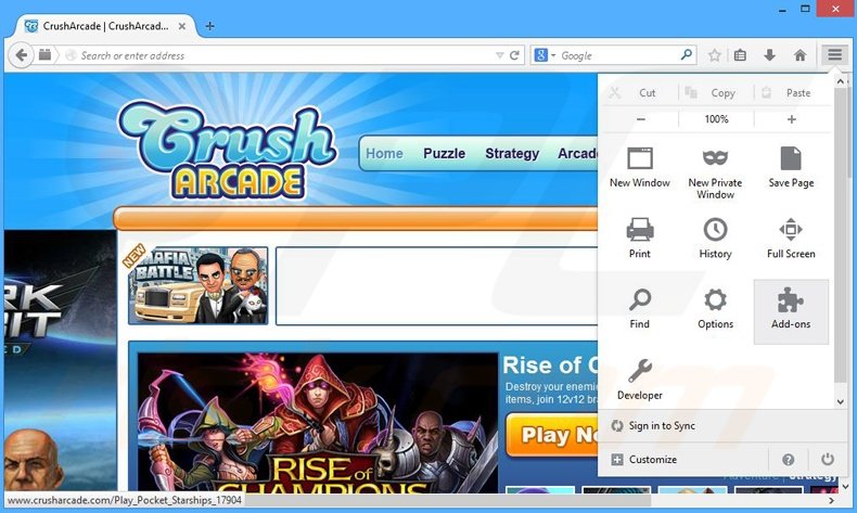 Suppression des publicités CrushArcade dans Mozilla Firefox étape 1