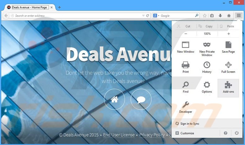 Suppression des publicités Deals Avenue dans Mozilla Firefox étape 1