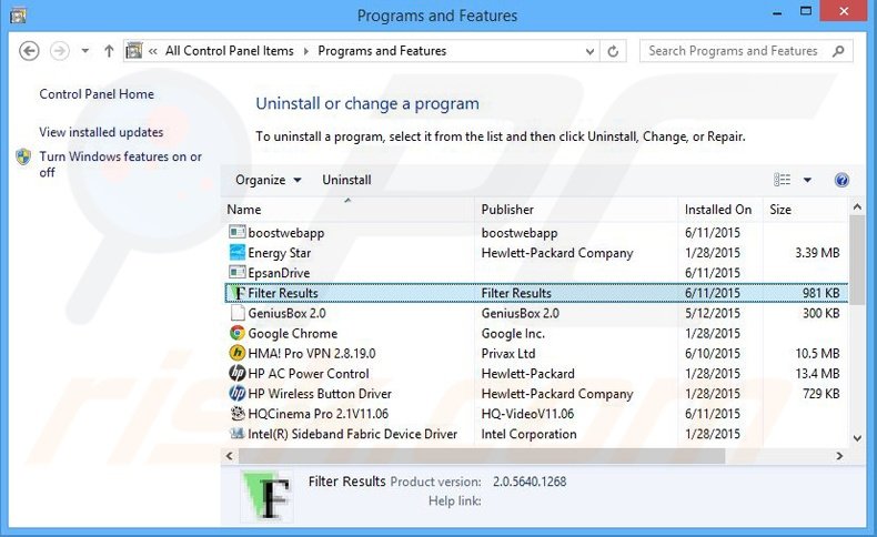 Désinstallation du logiciel de publicité Filter Results via le Panneau de Configuration