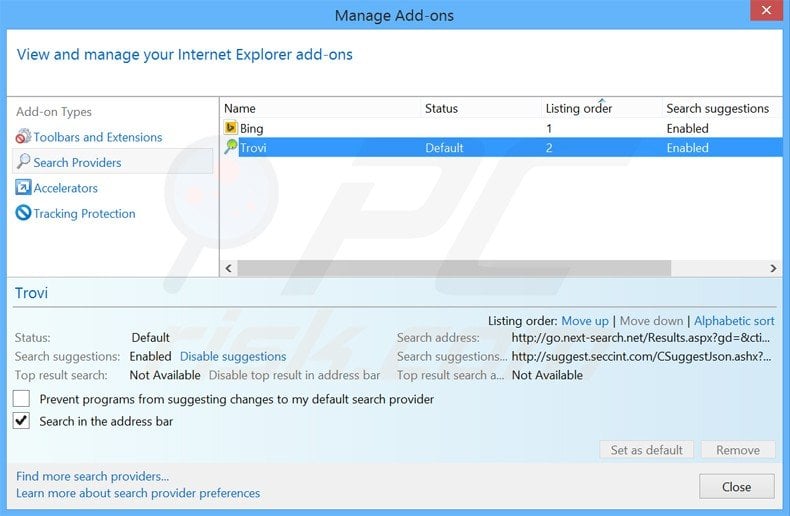 Suppression du moteur de recherche par défaut de go.next-search.net dans Internet Explorer 