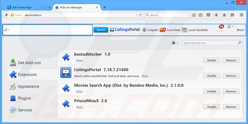 Suppression des extensions reliées à home.tb.ask.com dans Mozilla Firefox 