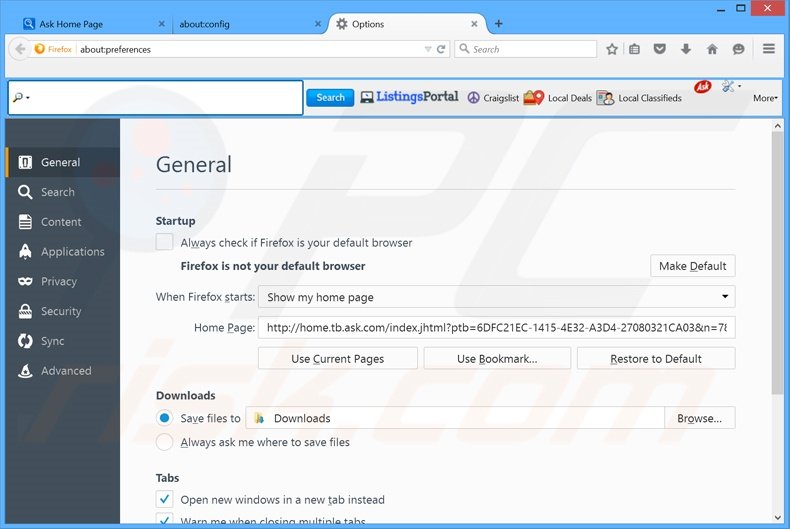 Suppression de la page d'accueil de home.tb.ask.com dans Mozilla Firefox 