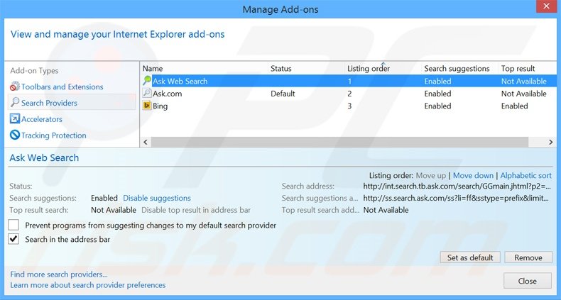 Suppression du moteur de recherche par défaut de home.tb.ask.com dans Internet Explorer 