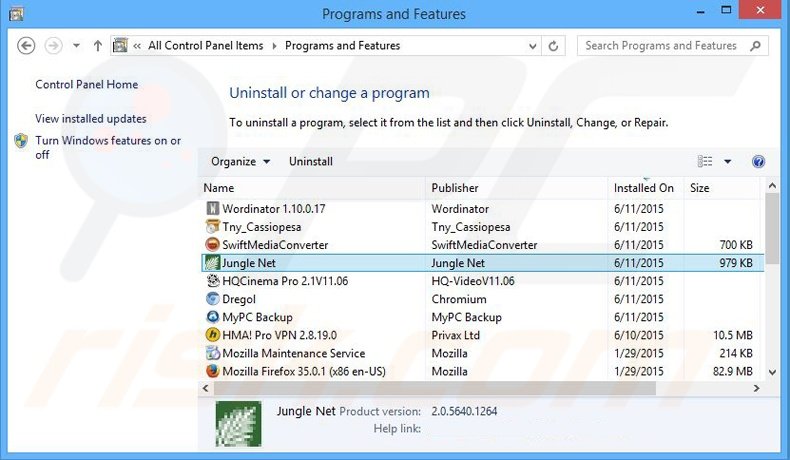 Désinstallation du logiciel de publicité Jungle Net via le Panneau de Configuration