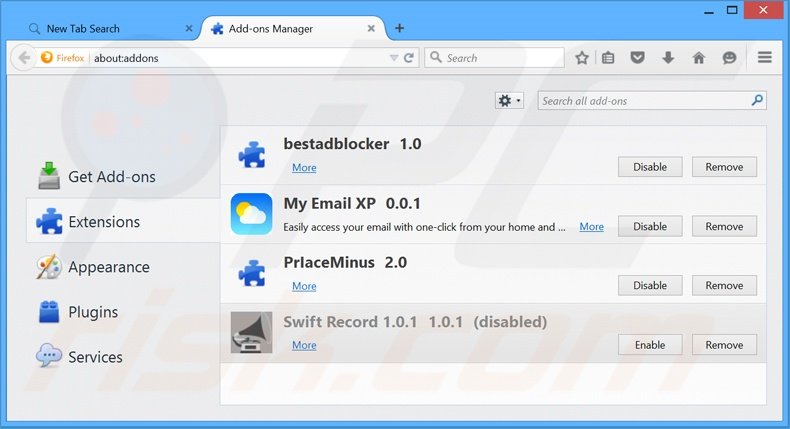 Suppression des extensions reliées à search.myemailxp.com dans Mozilla Firefox 