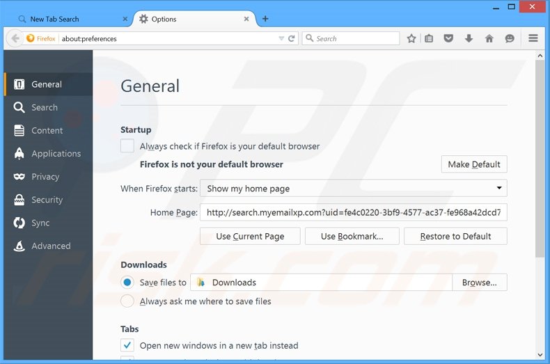 Suppression de la page d'accueil de search.myemailxp.com dans Mozilla Firefox 