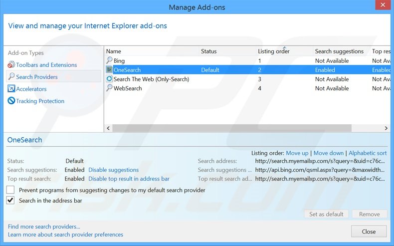 Suppression du moteur de recherche par défaut de search.myemailxp.com dans Internet Explorer 