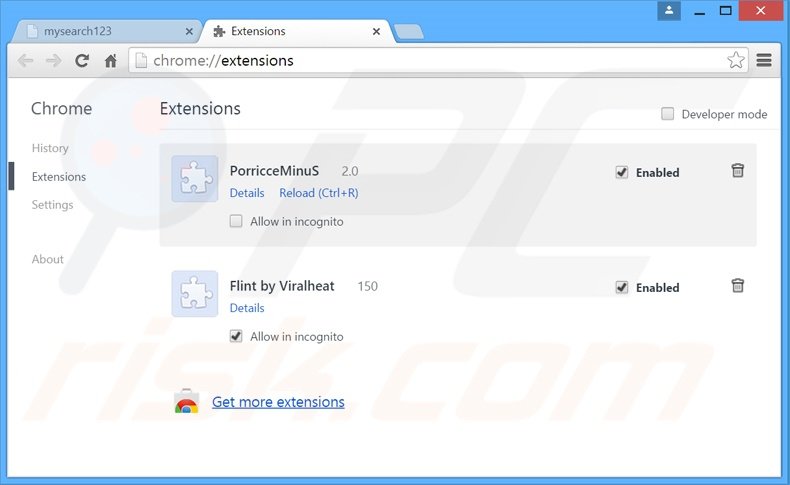 Suppression des extensions reliées à mysearch123.com dans Google Chrome 