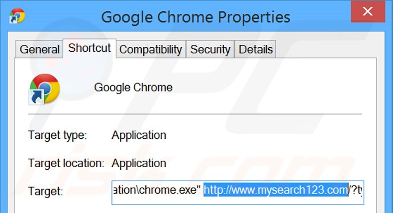 Suppression du raccourci cible de mysearch123.com dans Google Chrome étape 2