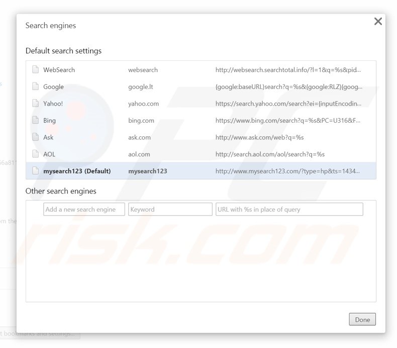 Suppression du moteur de recherche par défaut de mysearch123.com dans Google Chrome