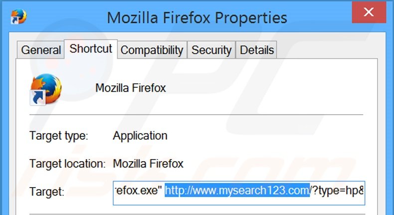 Suppression du raccourci cible de mysearch123.com dans Mozilla Firefox étape 2