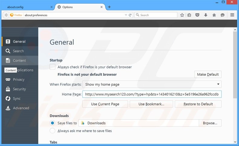 Suppression de la page d'accueil de mysearch123.com dans Mozilla Firefox
