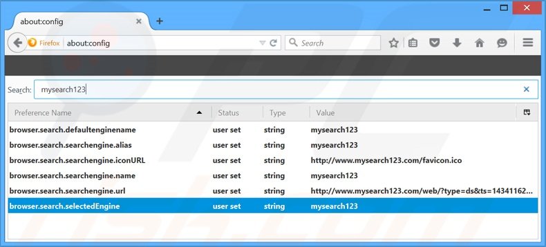 Suppression du moteur de recherche par défaut de mysearch123.com dans Mozilla Firefox 