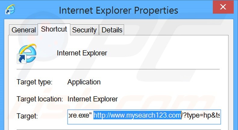 Suppression du raccourci cible de mysearch123.com dans Internet Explorer étape 2