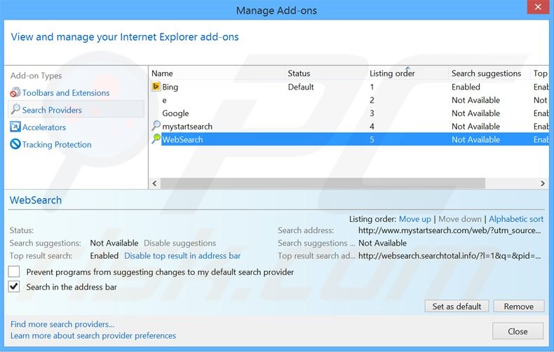 Suppression du moteur de recherche par défaut de mysearch123.com dans Internet Explorer 