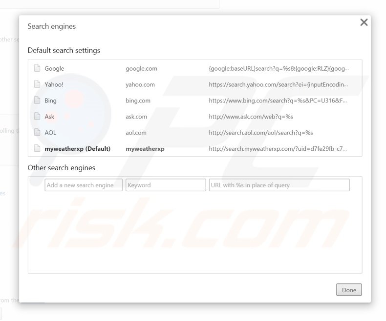 Suppression du moteur de recherche par défaut de search.myweatherxp.com dans Google Chrome 