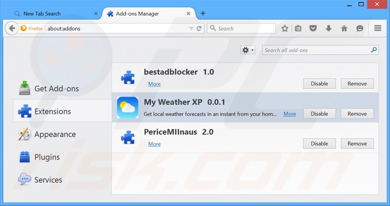 Suppression des extensions reliées à search.myweatherxp.com dans Mozilla Firefox 