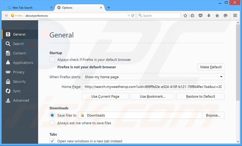 Suppression de la page d'accueil de search.myweatherxp.com dans Mozilla Firefox 