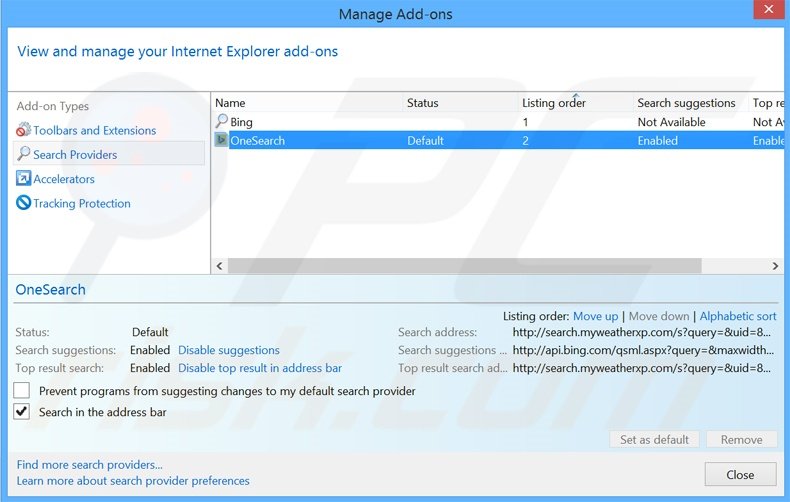 Suppression du moteur de recherche par défaut de search.myweatherxp.com dans Internet Explorer