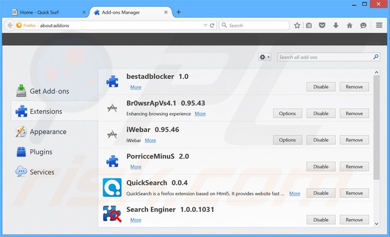 Suppression des publicités Quick Surf dans Mozilla Firefox étape 2