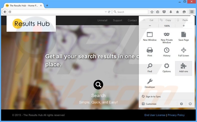 Suppression des publicités The Results Hub dans Mozilla Firefox étape 1