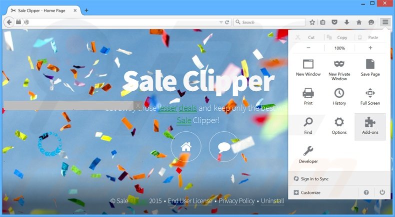 Suppression des publicités Sale Clipper dans Mozilla Firefox étape 1