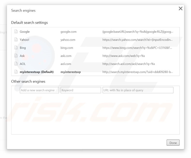 Suppression du moteur de recherche par défaut de search.myinterestsxp.com dans Google Chrome 