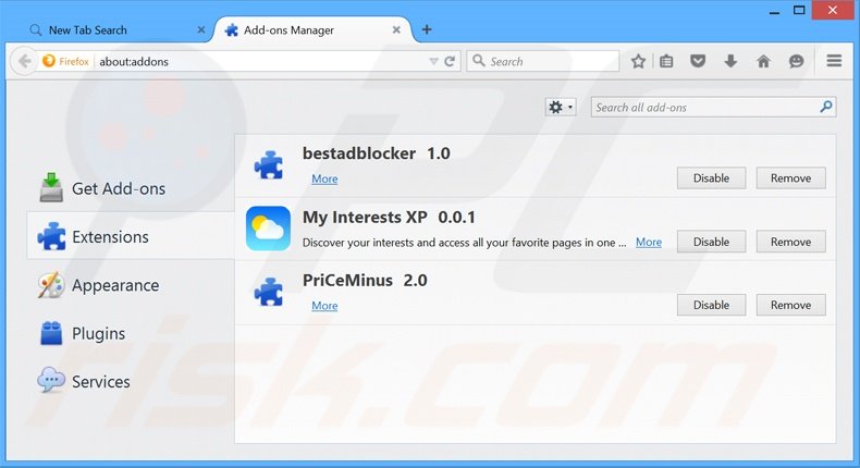 Suppression des extensions reliées à search.myinterestsxp.com dans Mozilla Firefox 