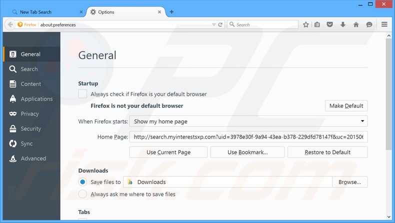 Suppression de la page d'accueil de search.myinterestsxp.com dans Mozilla Firefox