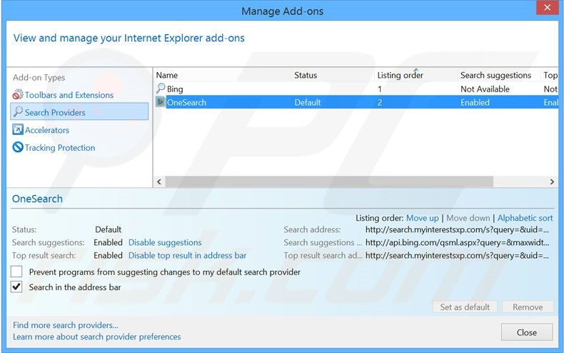 Suppression du moteur de recherche par défaut de search.myinterestsxp.com dans Internet Explorer 