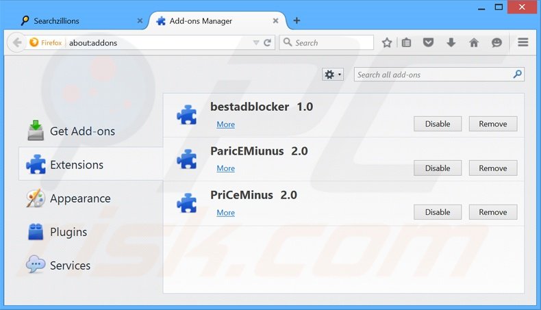Suppression des extensions reliées à searchzillions.com dans Mozilla Firefox 
