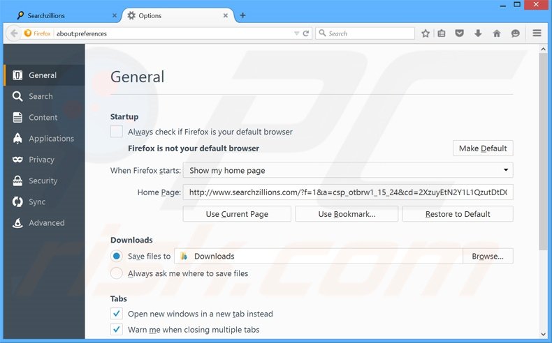 Suppression de la page d'accueil de searchzillions.com dans Mozilla Firefox 