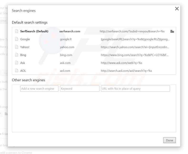 Suppression du moteur de recherche par défaut de serfsearch.com dans Google Chrome 