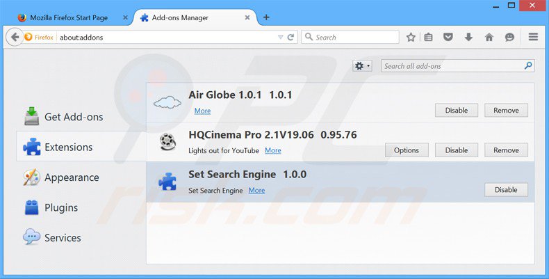 Suppression des extensions reliées à serfsearch.com dans Mozilla Firefox 