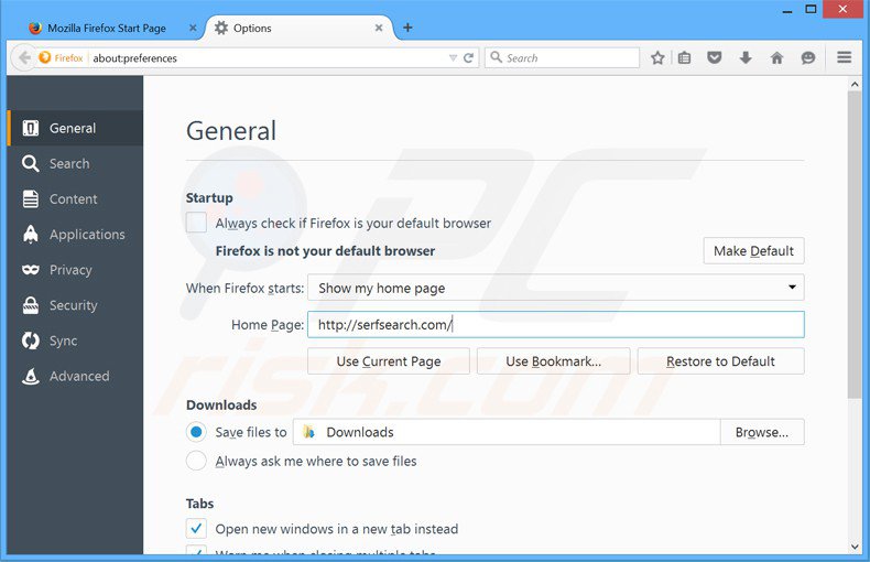 Suppression de la page d'accueil de serfsearch.com dans Mozilla Firefox 